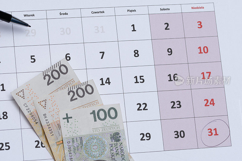 Calendar, calendar page with Polish money pln